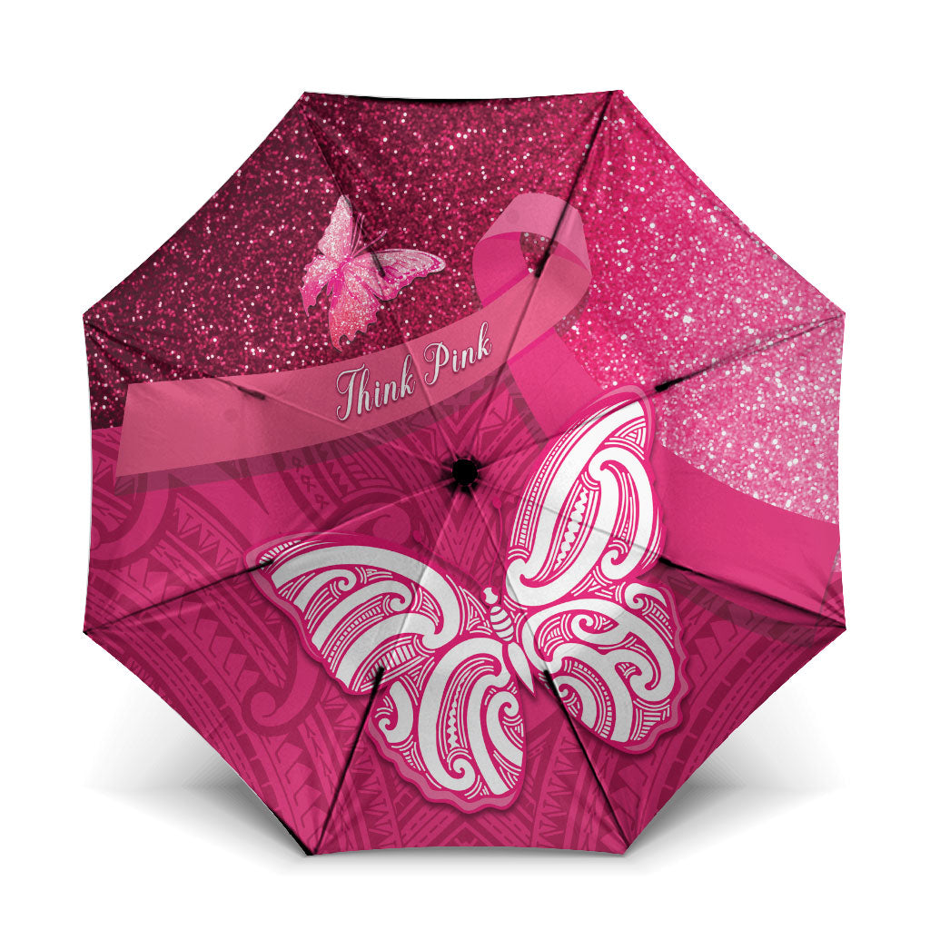 New Zealand Breast Cancer Awareness Umbrella Pink Ribbon Butterfly Maori Pattern LT22 One Size Folded 11.42 inch Opened Diameter 37.4 inch Pink - Polynesian Pride