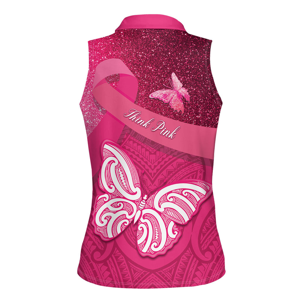 New Zealand Breast Cancer Awareness Women Sleeveless Polo Shirt Pink Ribbon Butterfly Maori Pattern