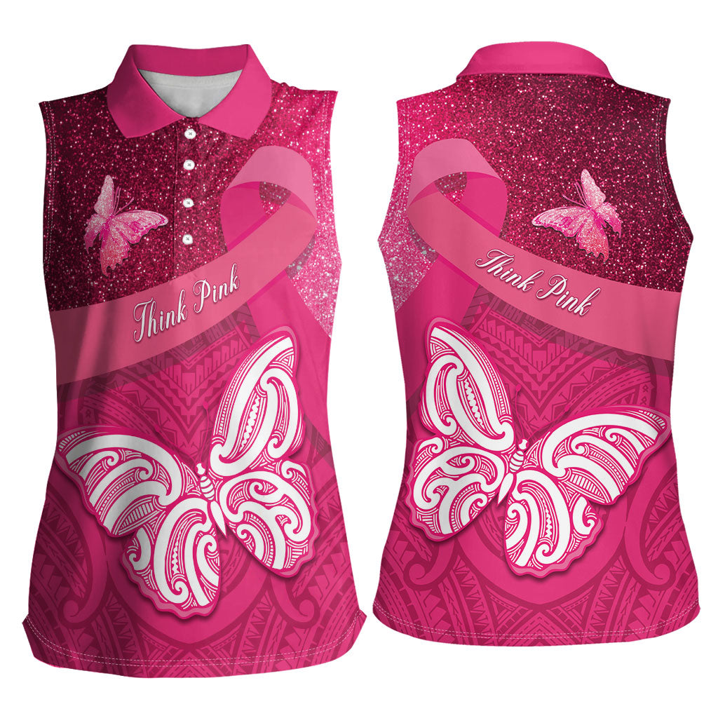 New Zealand Breast Cancer Awareness Women Sleeveless Polo Shirt Pink Ribbon Butterfly Maori Pattern