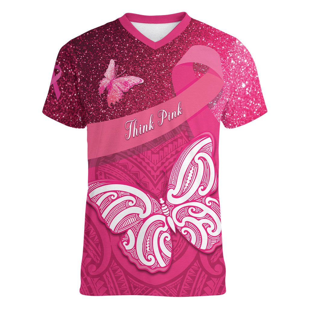 New Zealand Breast Cancer Awareness Women V-Neck T-Shirt Pink Ribbon Butterfly Maori Pattern