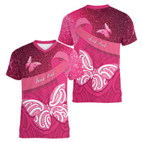 New Zealand Breast Cancer Awareness Women V-Neck T-Shirt Pink Ribbon Butterfly Maori Pattern