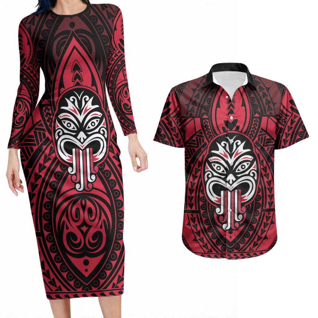 New Zealand Maori Language Week Couples Matching Long Sleeve Bodycon Dress and Hawaiian Shirt Te Wiki O Te Reo Maori Hei Tiki LT22 Red - Polynesian Pride