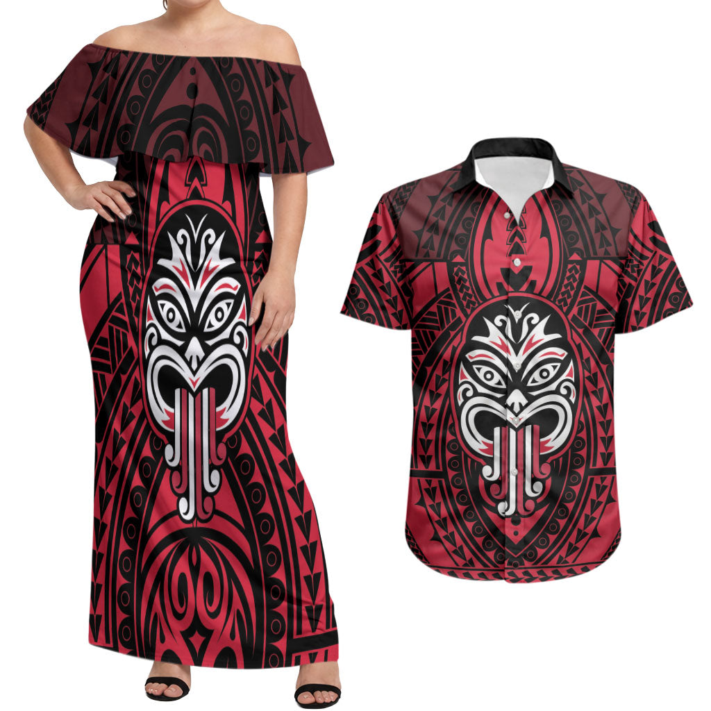 New Zealand Maori Language Week Couples Matching Off Shoulder Maxi Dress and Hawaiian Shirt Te Wiki O Te Reo Maori Hei Tiki LT22 Red - Polynesian Pride