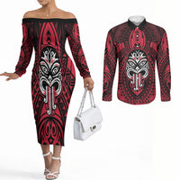 New Zealand Maori Language Week Couples Matching Off The Shoulder Long Sleeve Dress and Long Sleeve Button Shirt Te Wiki O Te Reo Maori Hei Tiki LT22 Red - Polynesian Pride