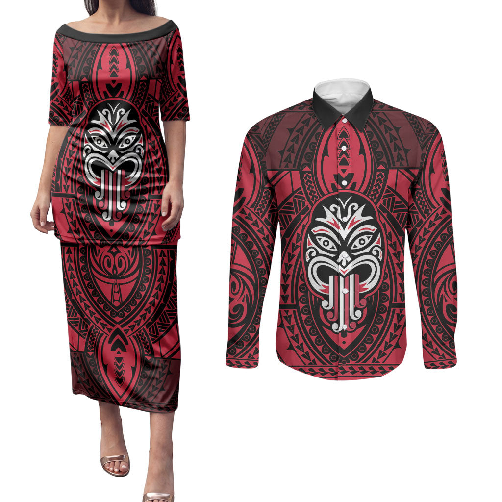 New Zealand Maori Language Week Couples Matching Puletasi and Long Sleeve Button Shirt Te Wiki O Te Reo Maori Hei Tiki LT22 Red - Polynesian Pride