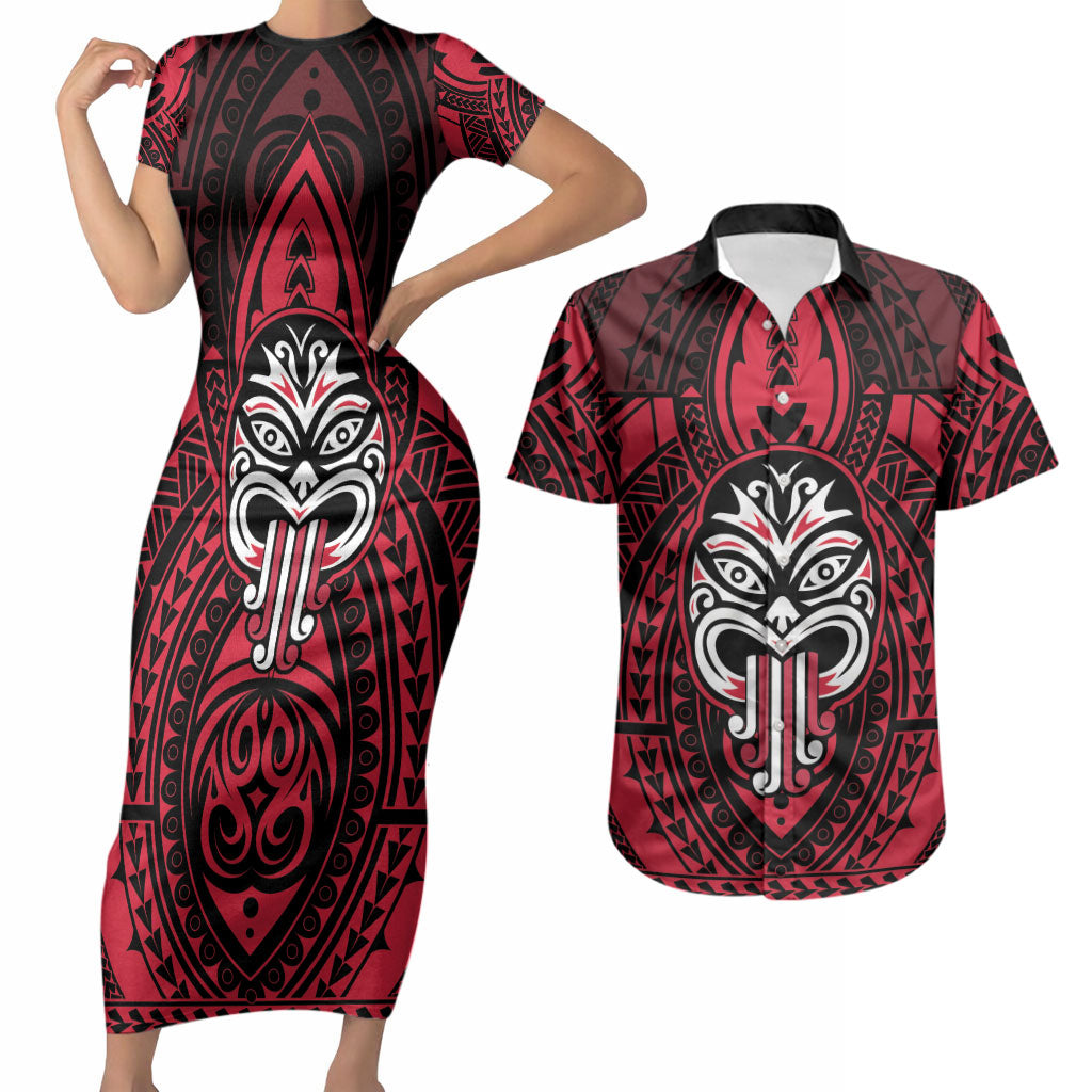New Zealand Maori Language Week Couples Matching Short Sleeve Bodycon Dress and Hawaiian Shirt Te Wiki O Te Reo Maori Hei Tiki LT22 Red - Polynesian Pride