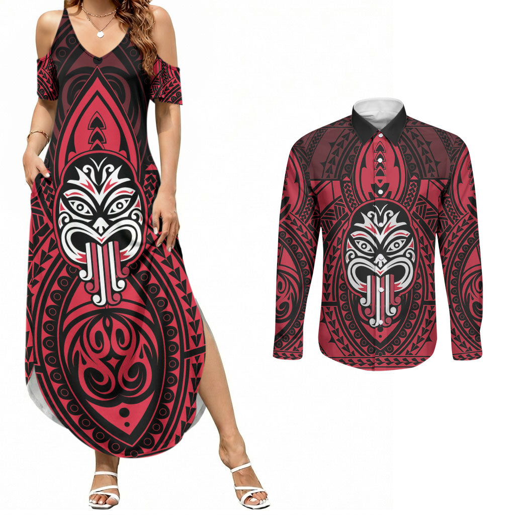 New Zealand Maori Language Week Couples Matching Summer Maxi Dress and Long Sleeve Button Shirt Te Wiki O Te Reo Maori Hei Tiki LT22 Red - Polynesian Pride