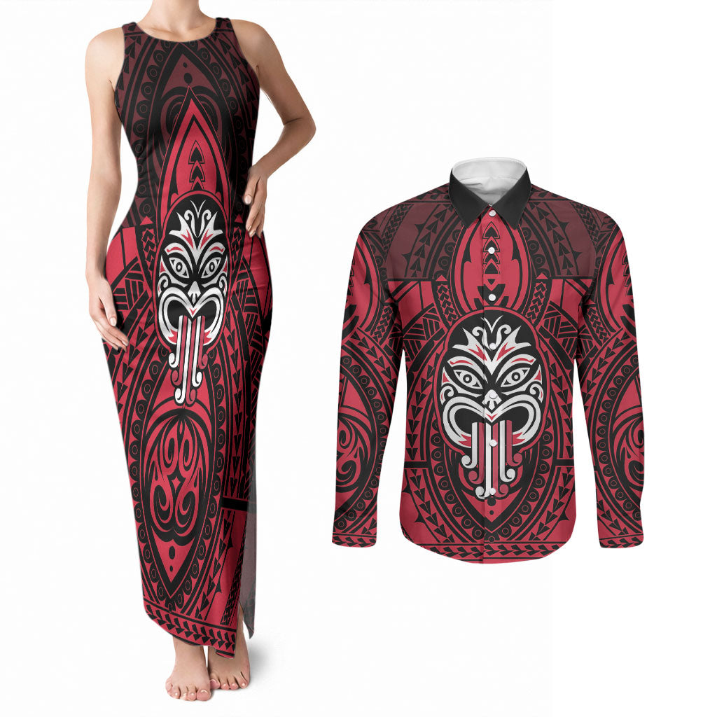 New Zealand Maori Language Week Couples Matching Tank Maxi Dress and Long Sleeve Button Shirt Te Wiki O Te Reo Maori Hei Tiki LT22 Red - Polynesian Pride