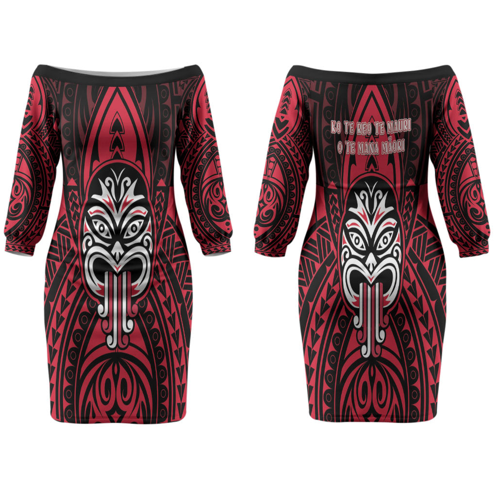New Zealand Maori Language Week Family Matching Off The Shoulder Long Sleeve Dress and Hawaiian Shirt Te Wiki O Te Reo Maori Hei Tiki LT22 Mom's Dress Red - Polynesian Pride