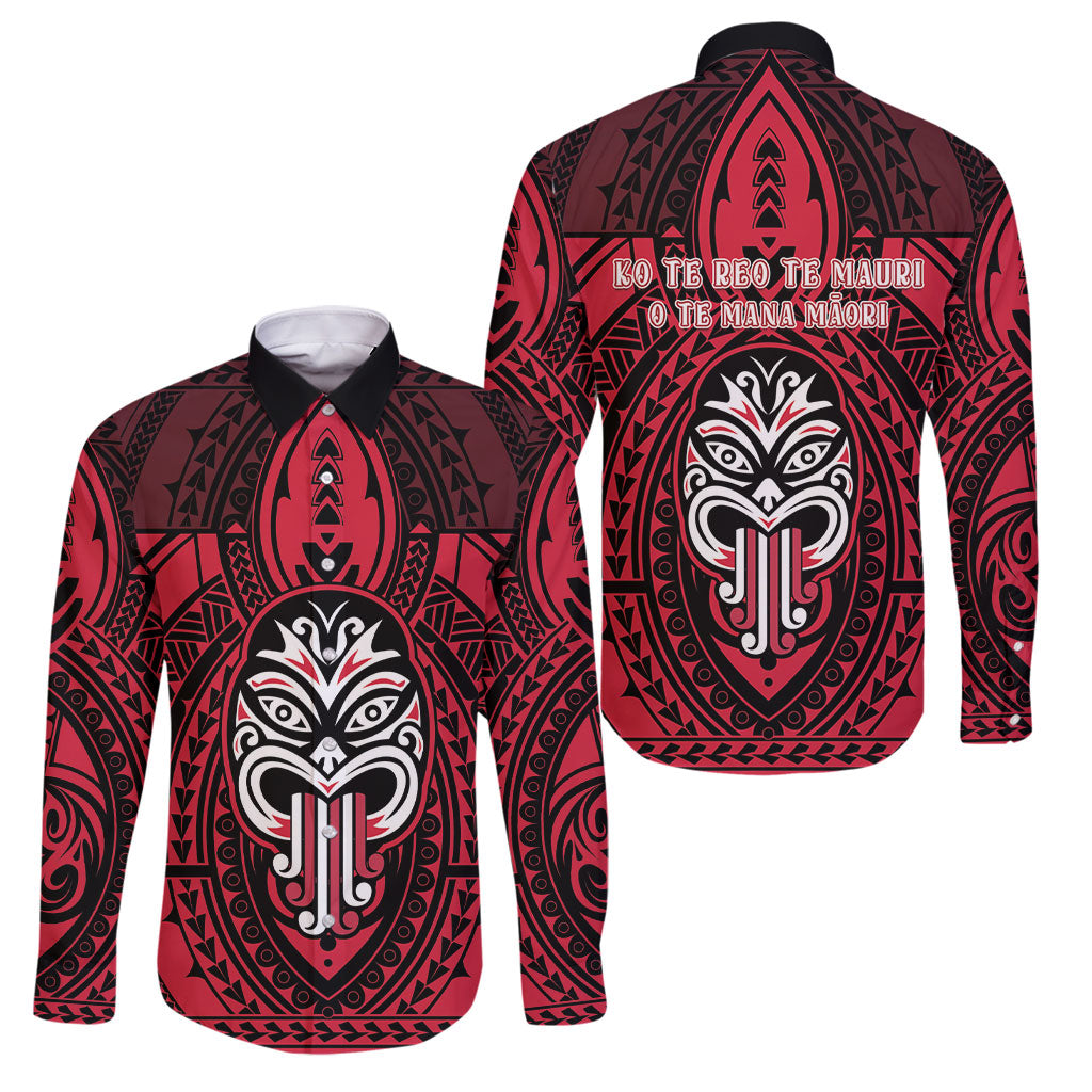New Zealand Maori Language Week Family Matching Off Shoulder Maxi Dress and Hawaiian Shirt Te Wiki O Te Reo Maori Hei Tiki LT22 Dad's Shirt - Long Sleeve Red - Polynesian Pride