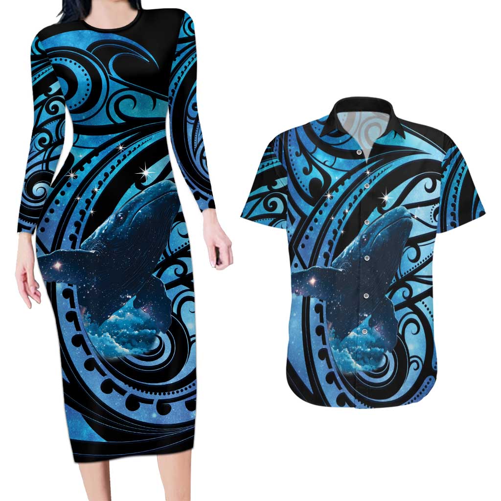 New Zealand Matariki Couples Matching Long Sleeve Bodycon Dress and Hawaiian Shirt Maori Humpback Whale Galaxy LT22 Blue - Polynesian Pride
