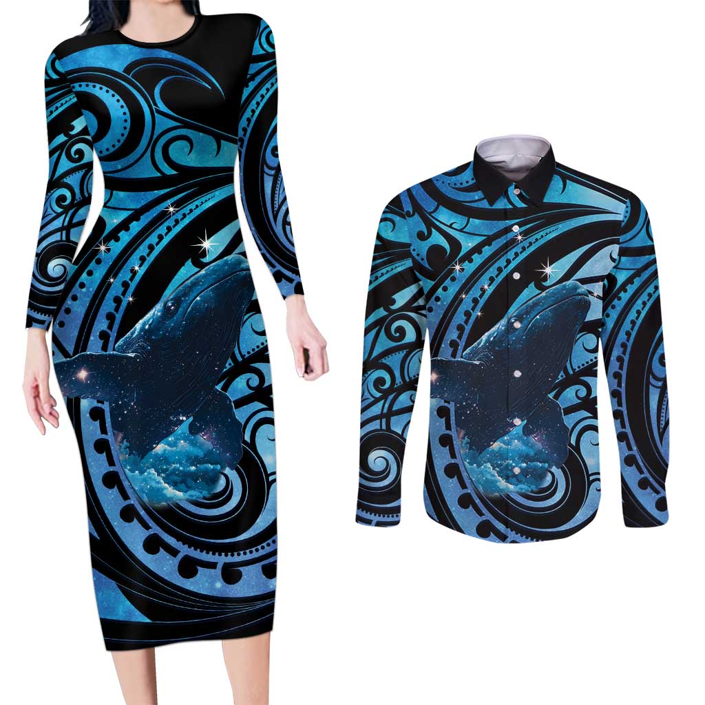 New Zealand Matariki Couples Matching Long Sleeve Bodycon Dress and Long Sleeve Button Shirt Maori Humpback Whale Galaxy LT22 Blue - Polynesian Pride