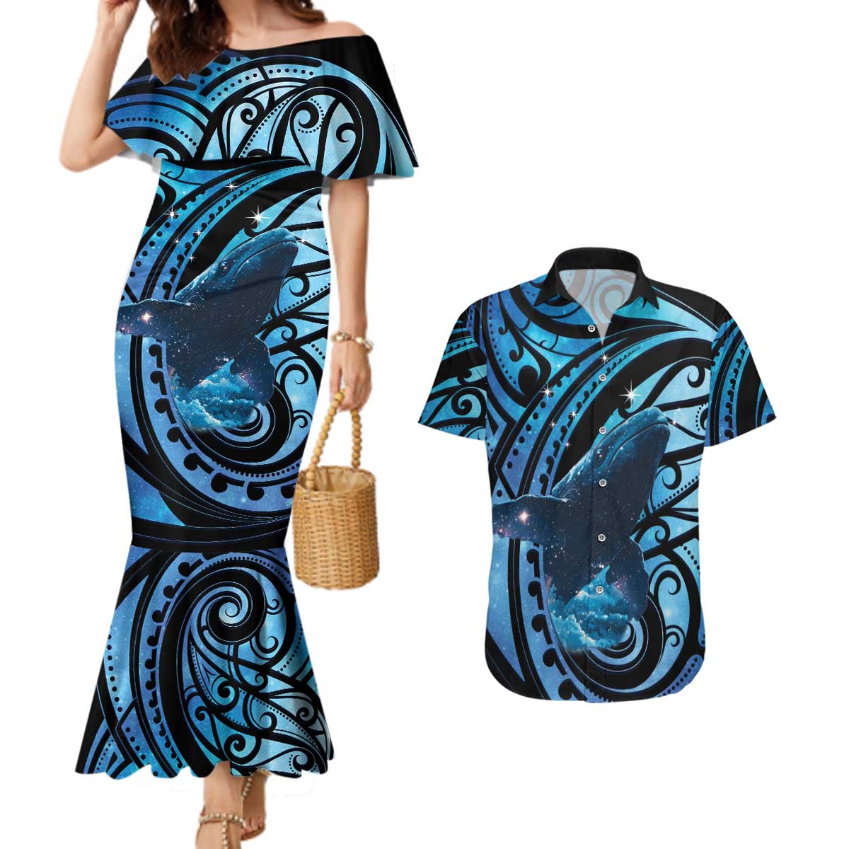 New Zealand Matariki Couples Matching Mermaid Dress and Hawaiian Shirt Maori Humpback Whale Galaxy LT22 Blue - Polynesian Pride