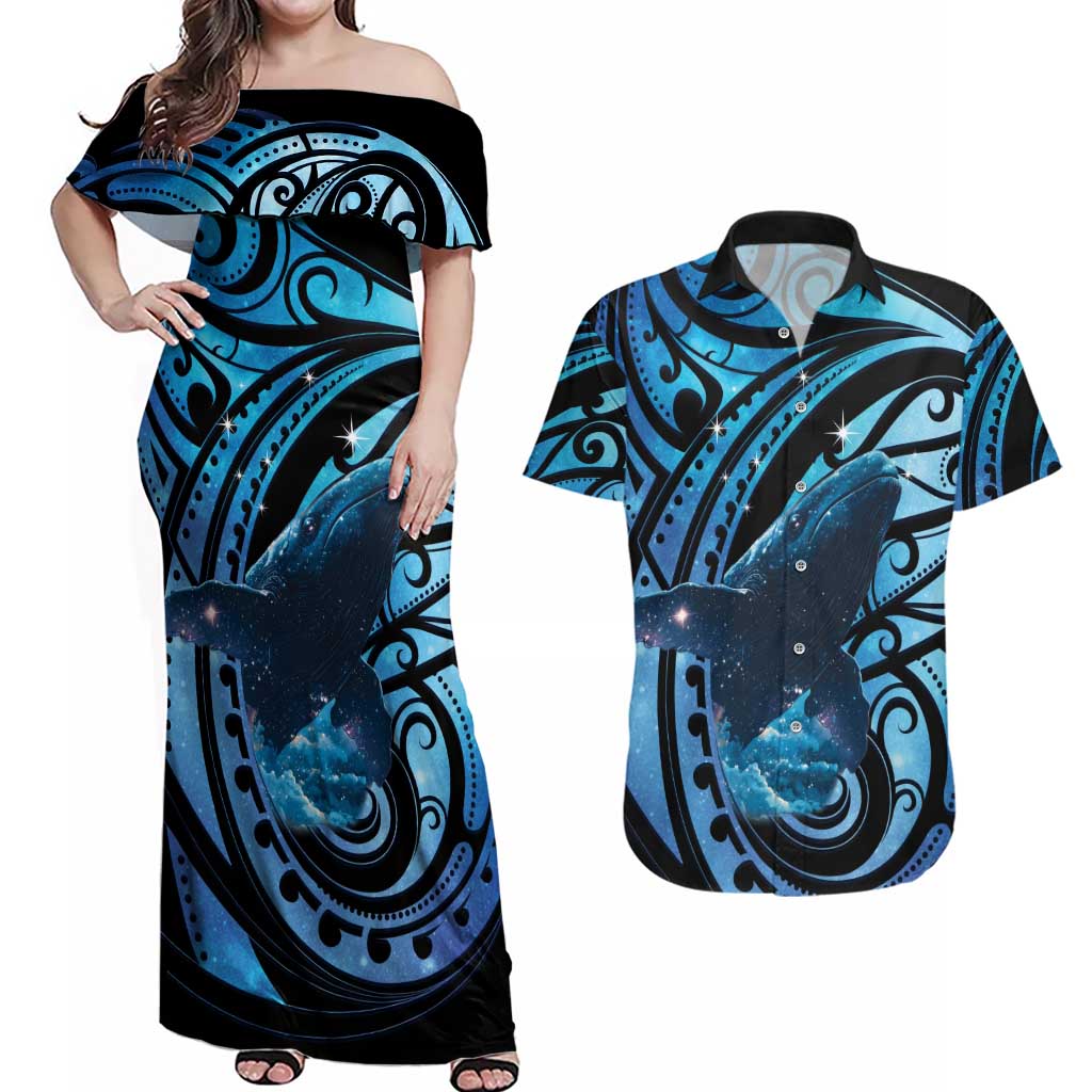 New Zealand Matariki Couples Matching Off Shoulder Maxi Dress and Hawaiian Shirt Maori Humpback Whale Galaxy LT22 Blue - Polynesian Pride