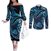 New Zealand Matariki Couples Matching Off The Shoulder Long Sleeve Dress and Long Sleeve Button Shirt Maori Humpback Whale Galaxy