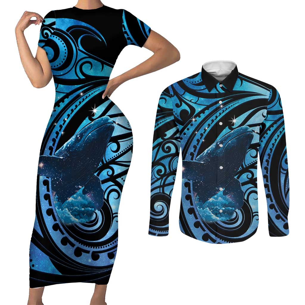 New Zealand Matariki Couples Matching Short Sleeve Bodycon Dress and Long Sleeve Button Shirt Maori Humpback Whale Galaxy