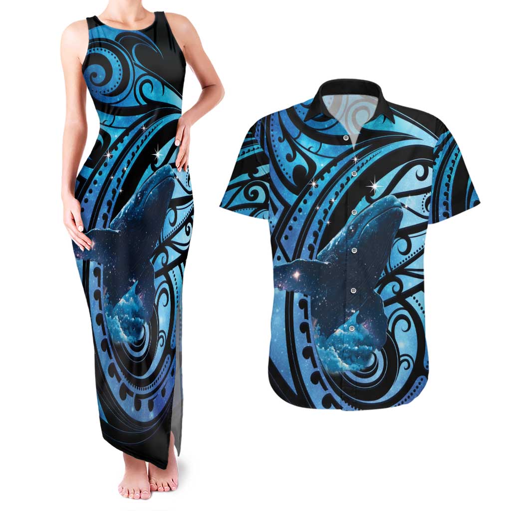 New Zealand Matariki Couples Matching Tank Maxi Dress and Hawaiian Shirt Maori Humpback Whale Galaxy LT22 Blue - Polynesian Pride