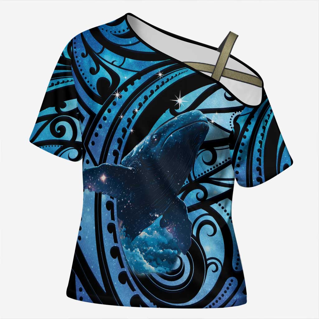New Zealand Matariki Cross Shoulder Shirt Maori Humpback Whale Galaxy LT22 Female Blue - Polynesian Pride