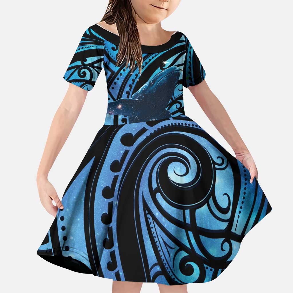 New Zealand Matariki Family Matching Off The Shoulder Long Sleeve Dress and Hawaiian Shirt Maori Humpback Whale Galaxy
