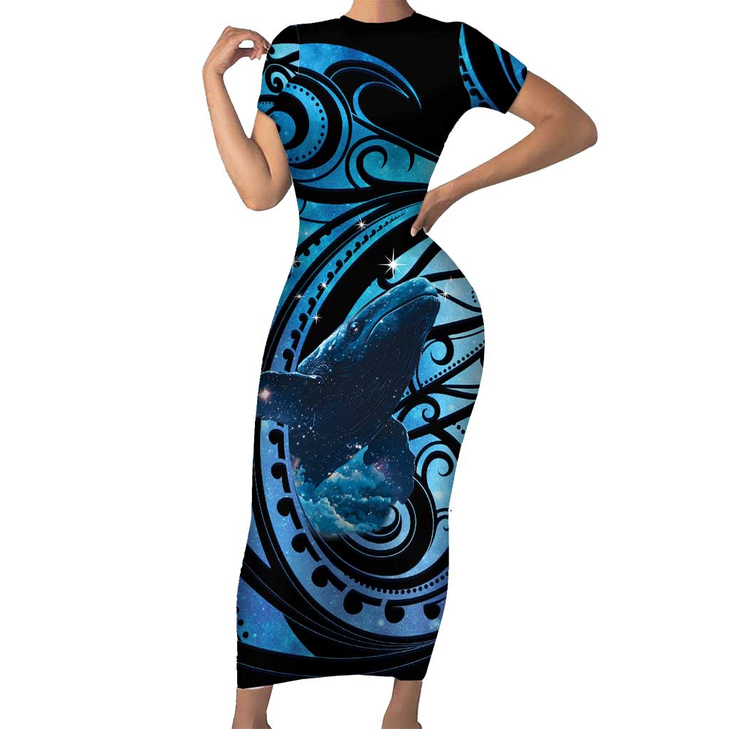 New Zealand Matariki Family Matching Short Sleeve Bodycon Dress and Hawaiian Shirt Maori Humpback Whale Galaxy
