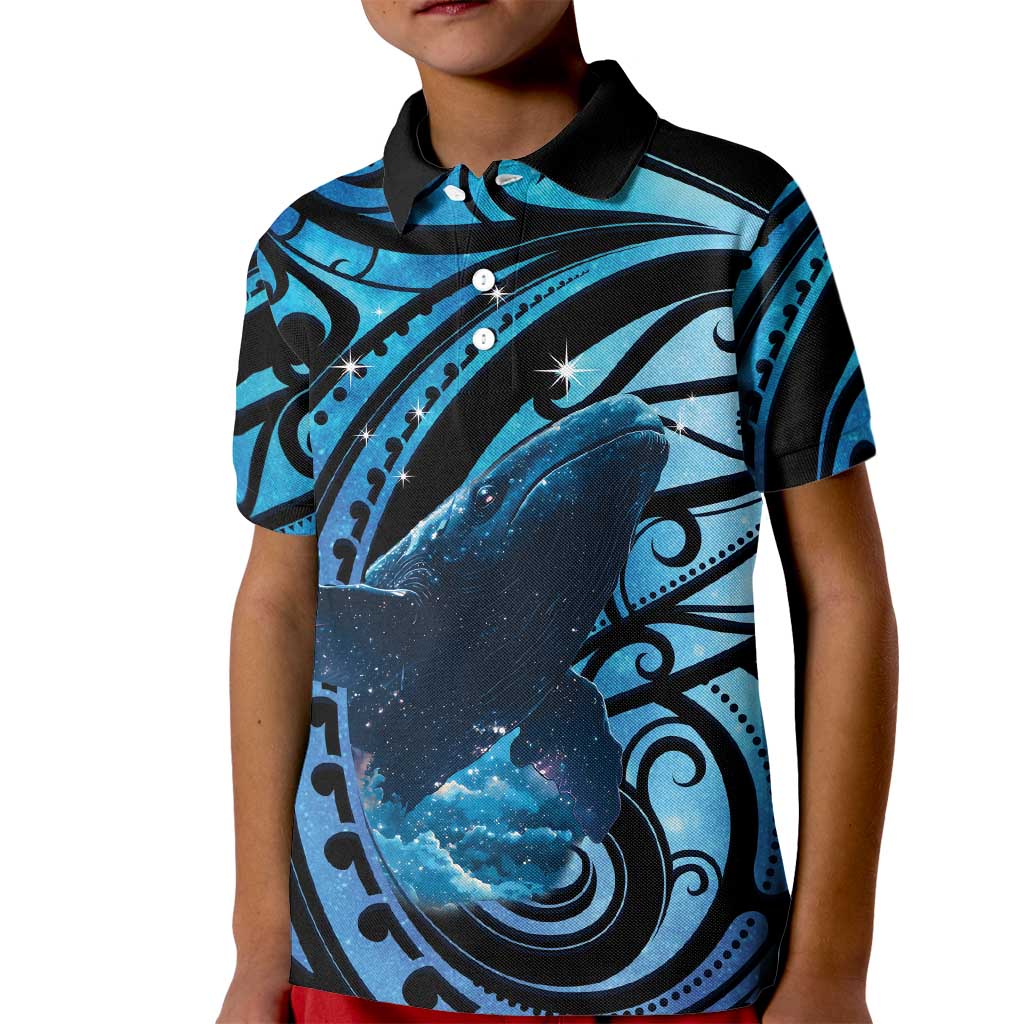 New Zealand Matariki Kid Polo Shirt Maori Humpback Whale Galaxy LT22 Kid Blue - Polynesian Pride