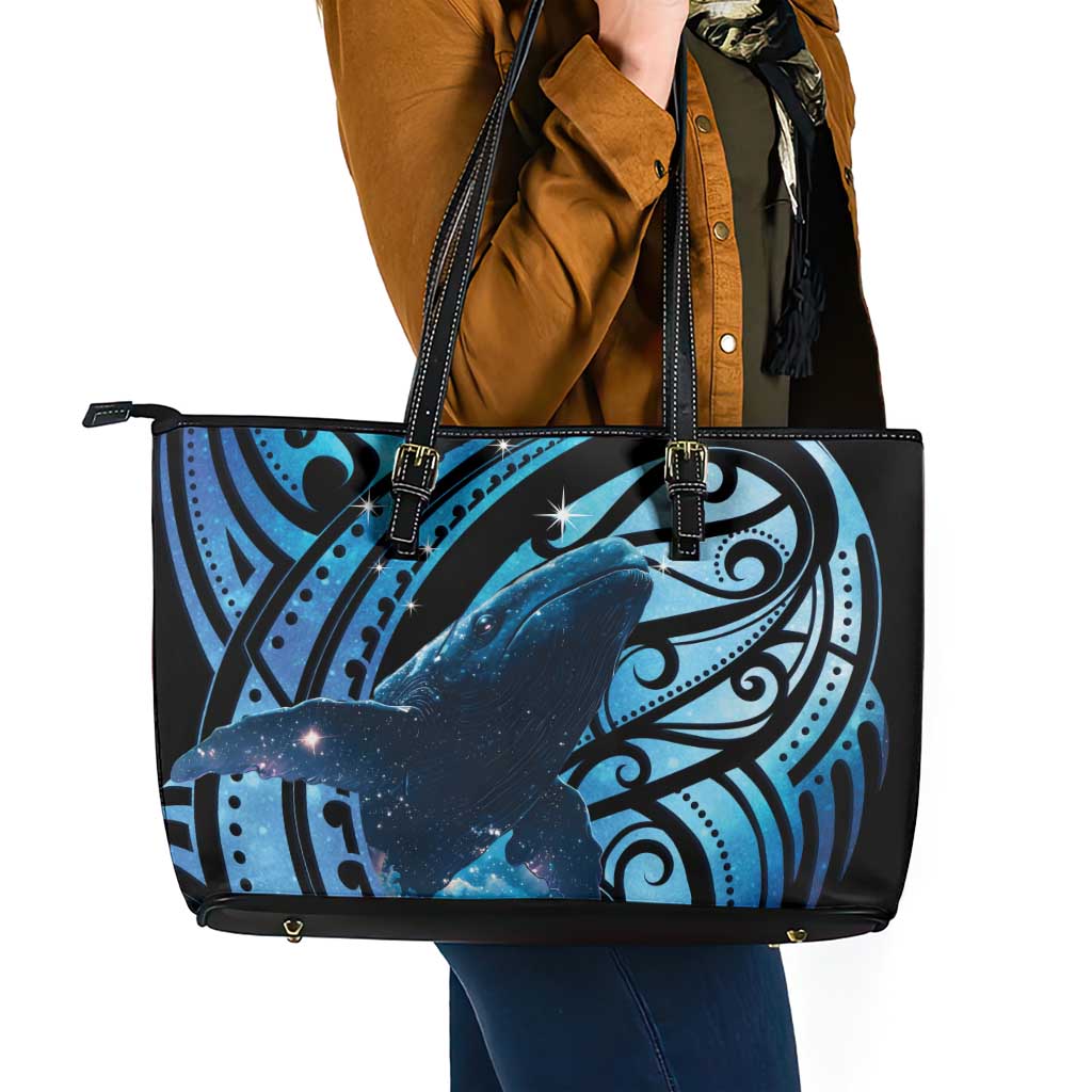 New Zealand Matariki Leather Tote Bag Maori Humpback Whale Galaxy LT22 - Polynesian Pride