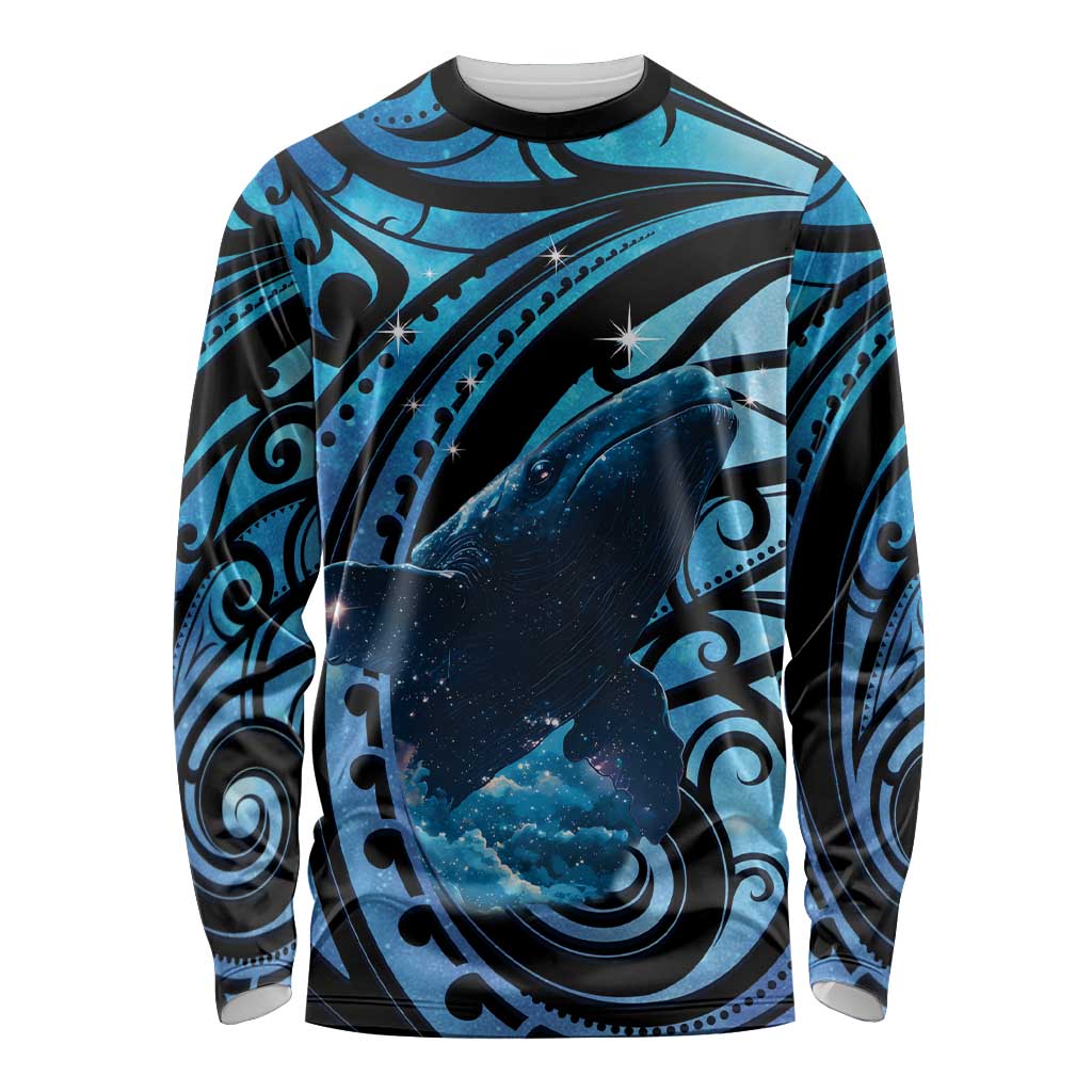 New Zealand Matariki Long Sleeve Shirt Maori Humpback Whale Galaxy LT22 Unisex Blue - Polynesian Pride