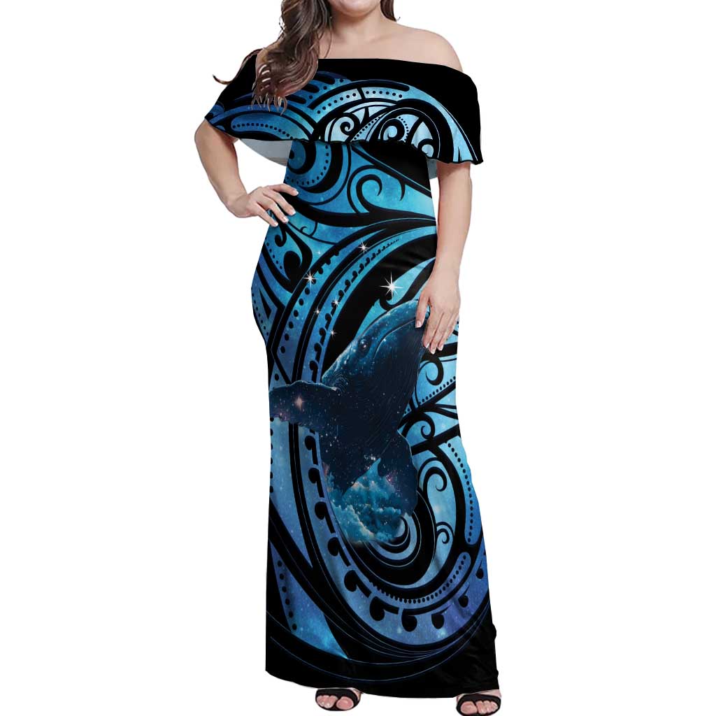 New Zealand Matariki Off Shoulder Maxi Dress Maori Humpback Whale Galaxy LT22 Women Blue - Polynesian Pride
