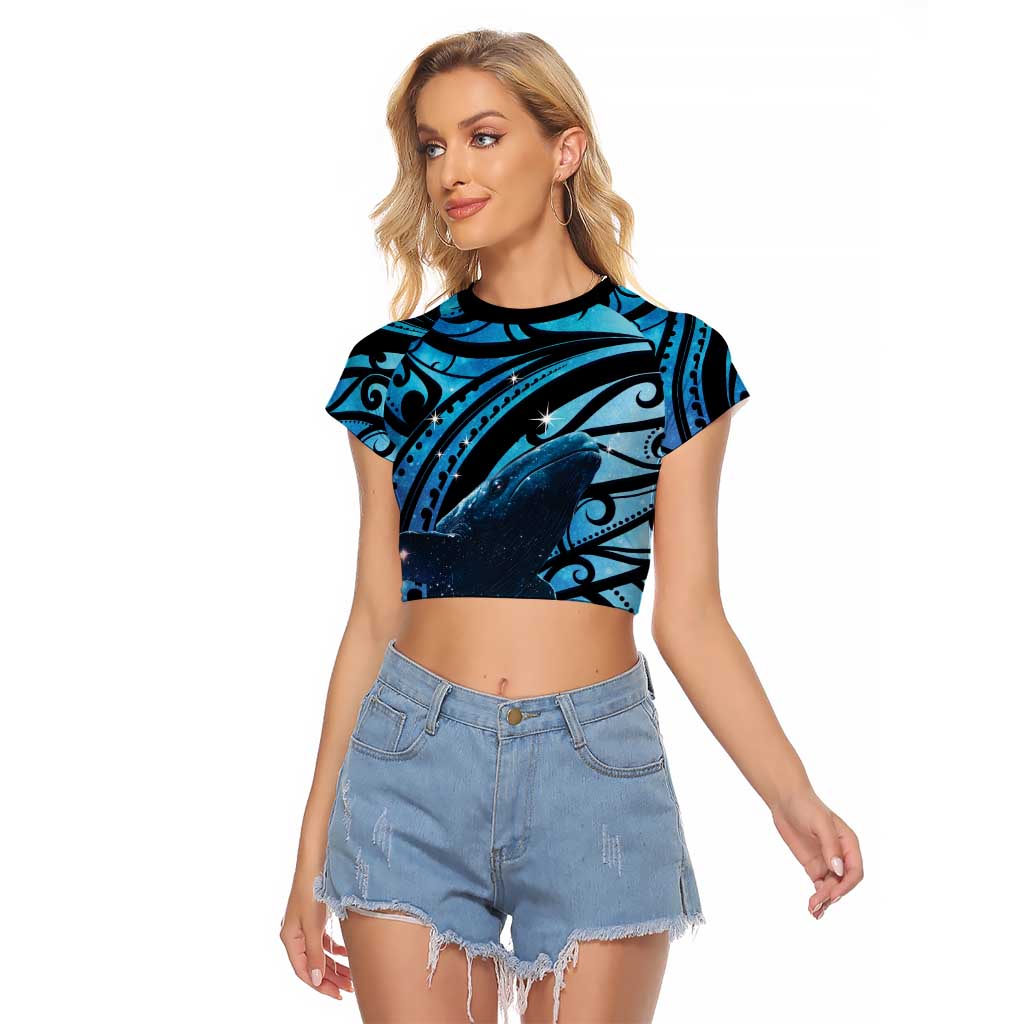 New Zealand Matariki Raglan Cropped T Shirt Maori Humpback Whale Galaxy LT22 Female Blue - Polynesian Pride