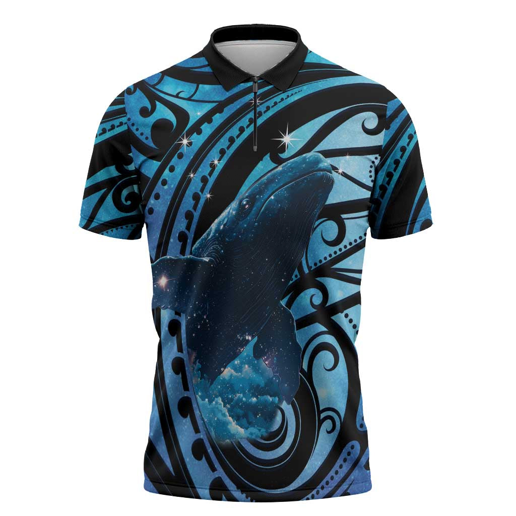 New Zealand Matariki Zipper Polo Shirt Maori Humpback Whale Galaxy LT22 Blue - Polynesian Pride
