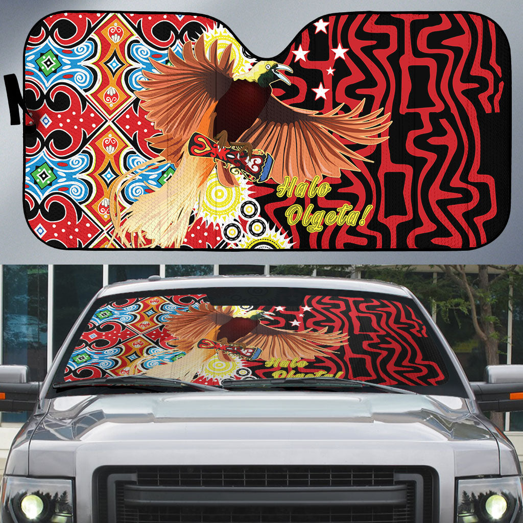Papua New Guinea Pidgin Language Week Auto Sun Shade Halo Olgeta Tok Pisin Wik Bird Of Paradise Oro Batik LT22 Red - Polynesian Pride