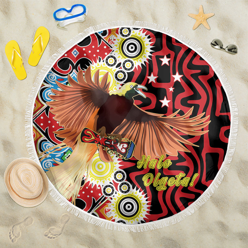 Papua New Guinea Pidgin Language Week Beach Blanket Halo Olgeta Tok Pisin Wik Bird Of Paradise Oro Batik LT22 One Size 150cm Red - Polynesian Pride