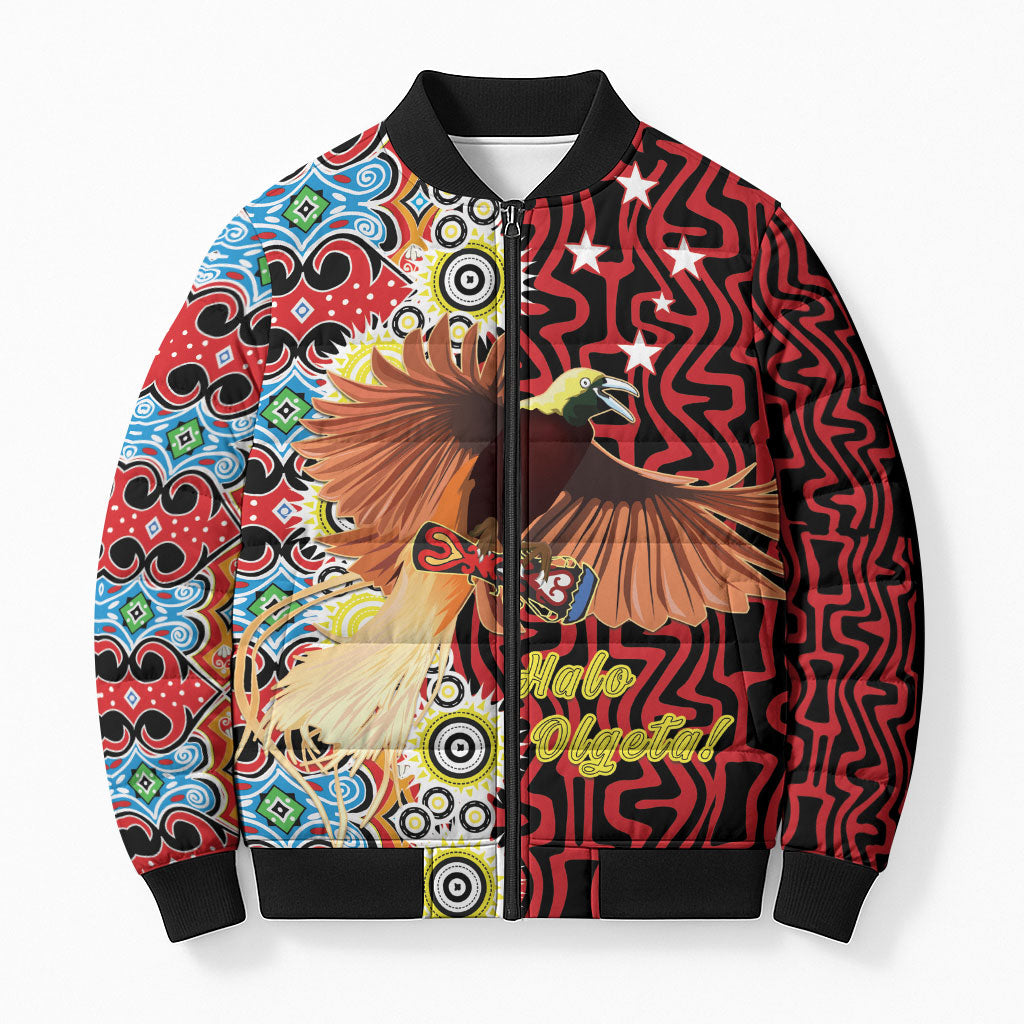 Personalised Papua New Guinea Pidgin Language Week Bomber Puffer Jacket Halo Olgeta Tok Pisin Wik Bird Of Paradise Oro Batik LT22 Unisex Red - Polynesian Pride