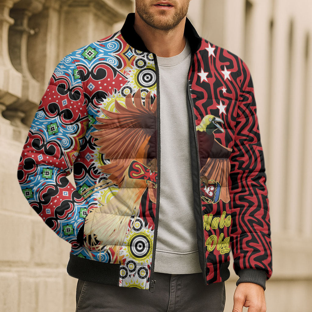 Personalised Papua New Guinea Pidgin Language Week Bomber Puffer Jacket Halo Olgeta Tok Pisin Wik Bird Of Paradise Oro Batik LT22 - Polynesian Pride