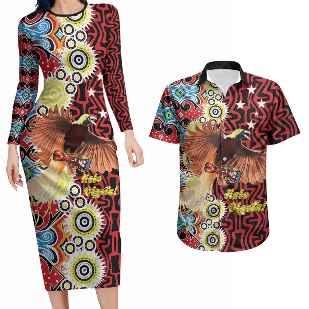 Personalised Papua New Guinea Pidgin Language Week Couples Matching Long Sleeve Bodycon Dress and Hawaiian Shirt Halo Olgeta Tok Pisin Wik Bird Of Paradise Oro Batik LT22 Red - Polynesian Pride