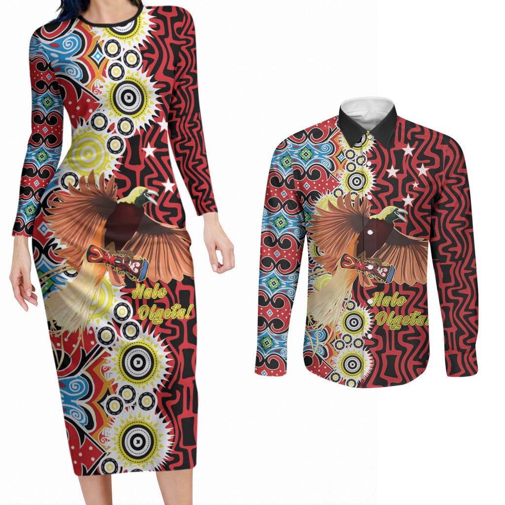 Personalised Papua New Guinea Pidgin Language Week Couples Matching Long Sleeve Bodycon Dress and Long Sleeve Button Shirt Halo Olgeta Tok Pisin Wik Bird Of Paradise Oro Batik LT22 Red - Polynesian Pride