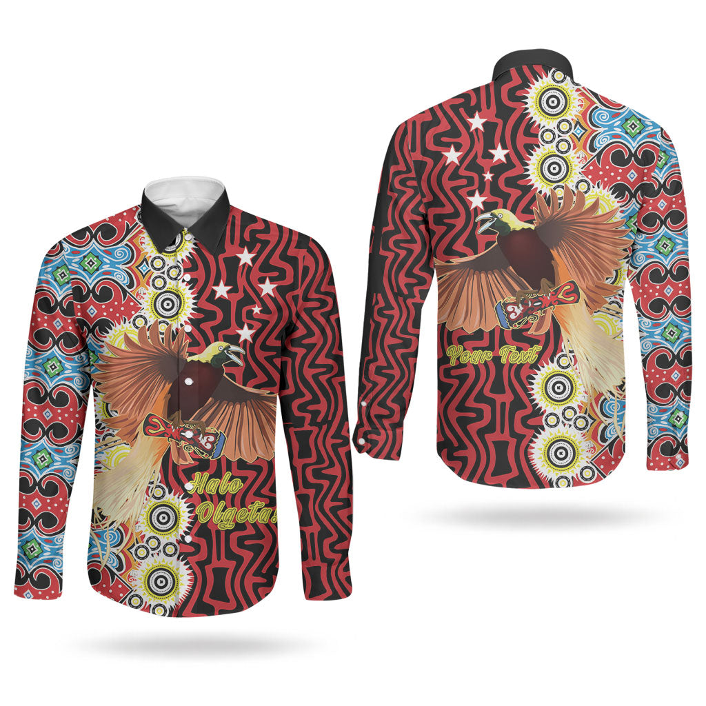 Personalised Papua New Guinea Pidgin Language Week Couples Matching Long Sleeve Bodycon Dress and Long Sleeve Button Shirt Halo Olgeta Tok Pisin Wik Bird Of Paradise Oro Batik LT22 - Polynesian Pride
