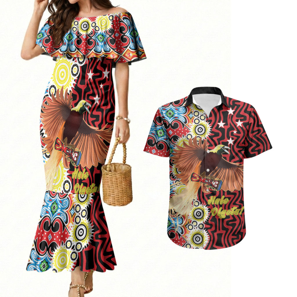 Personalised Papua New Guinea Pidgin Language Week Couples Matching Mermaid Dress and Hawaiian Shirt Halo Olgeta Tok Pisin Wik Bird Of Paradise Oro Batik LT22 Red - Polynesian Pride