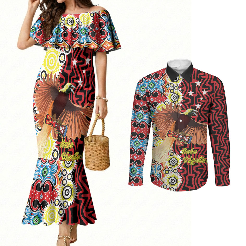 Personalised Papua New Guinea Pidgin Language Week Couples Matching Mermaid Dress and Long Sleeve Button Shirt Halo Olgeta Tok Pisin Wik Bird Of Paradise Oro Batik LT22 Red - Polynesian Pride