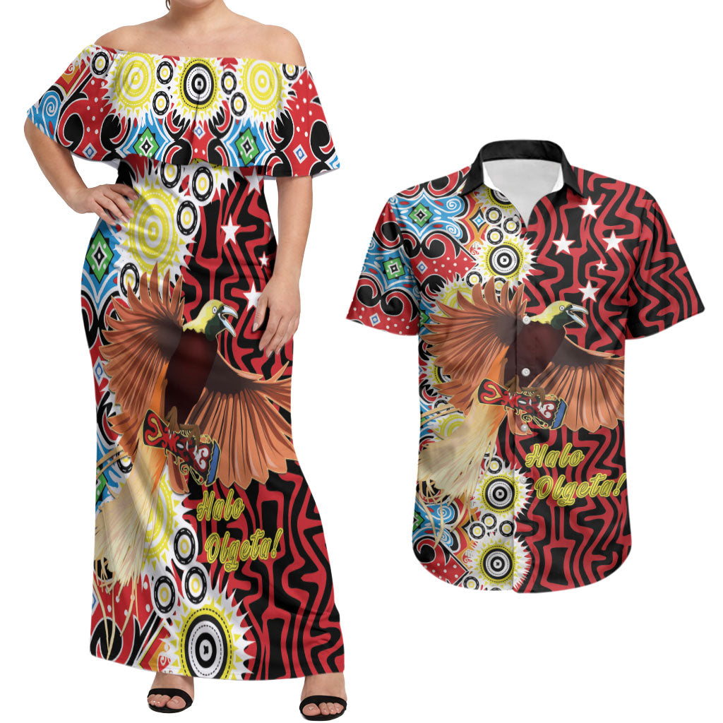 Personalised Papua New Guinea Pidgin Language Week Couples Matching Off Shoulder Maxi Dress and Hawaiian Shirt Halo Olgeta Tok Pisin Wik Bird Of Paradise Oro Batik LT22 Red - Polynesian Pride