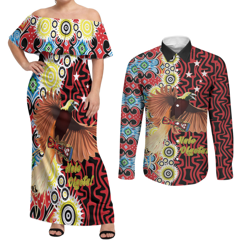 Personalised Papua New Guinea Pidgin Language Week Couples Matching Off Shoulder Maxi Dress and Long Sleeve Button Shirt Halo Olgeta Tok Pisin Wik Bird Of Paradise Oro Batik LT22 Red - Polynesian Pride