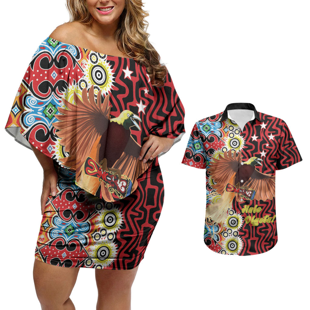 Personalised Papua New Guinea Pidgin Language Week Couples Matching Off Shoulder Short Dress and Hawaiian Shirt Halo Olgeta Tok Pisin Wik Bird Of Paradise Oro Batik LT22 Red - Polynesian Pride
