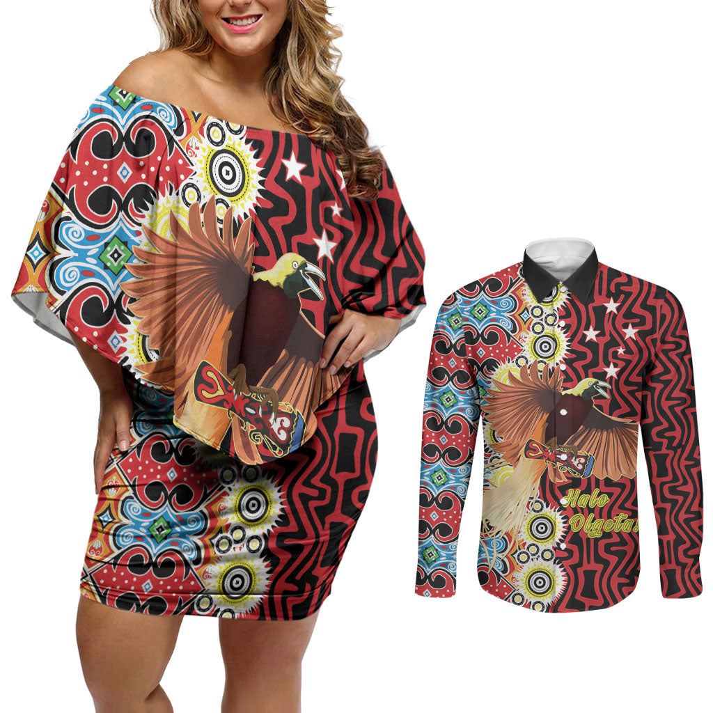 Personalised Papua New Guinea Pidgin Language Week Couples Matching Off Shoulder Short Dress and Long Sleeve Button Shirt Halo Olgeta Tok Pisin Wik Bird Of Paradise Oro Batik LT22 Red - Polynesian Pride