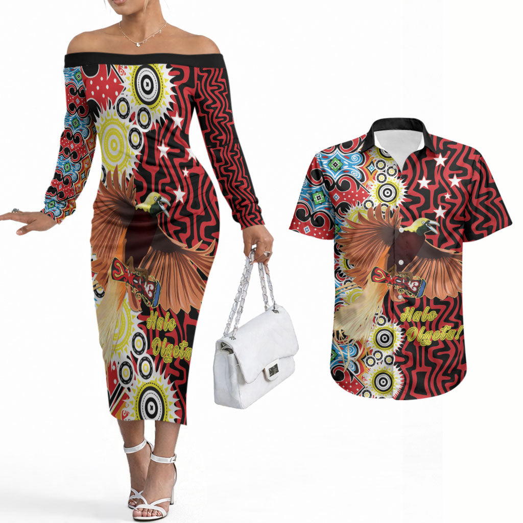 Personalised Papua New Guinea Pidgin Language Week Couples Matching Off The Shoulder Long Sleeve Dress and Hawaiian Shirt Halo Olgeta Tok Pisin Wik Bird Of Paradise Oro Batik LT22 Red - Polynesian Pride