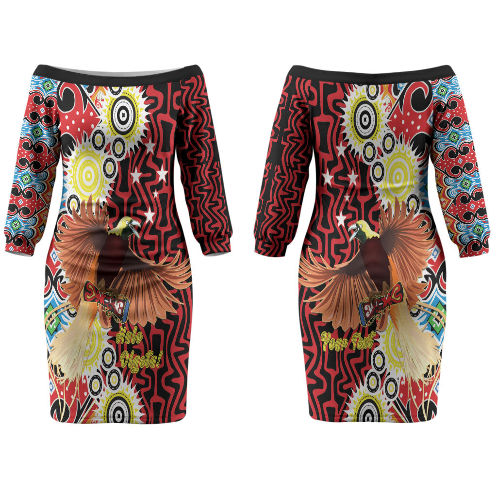 Personalised Papua New Guinea Pidgin Language Week Couples Matching Off The Shoulder Long Sleeve Dress and Long Sleeve Button Shirt Halo Olgeta Tok Pisin Wik Bird Of Paradise Oro Batik LT22 - Polynesian Pride