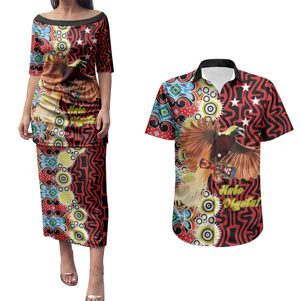 Personalised Papua New Guinea Pidgin Language Week Couples Matching Puletasi and Hawaiian Shirt Halo Olgeta Tok Pisin Wik Bird Of Paradise Oro Batik LT22 Red - Polynesian Pride