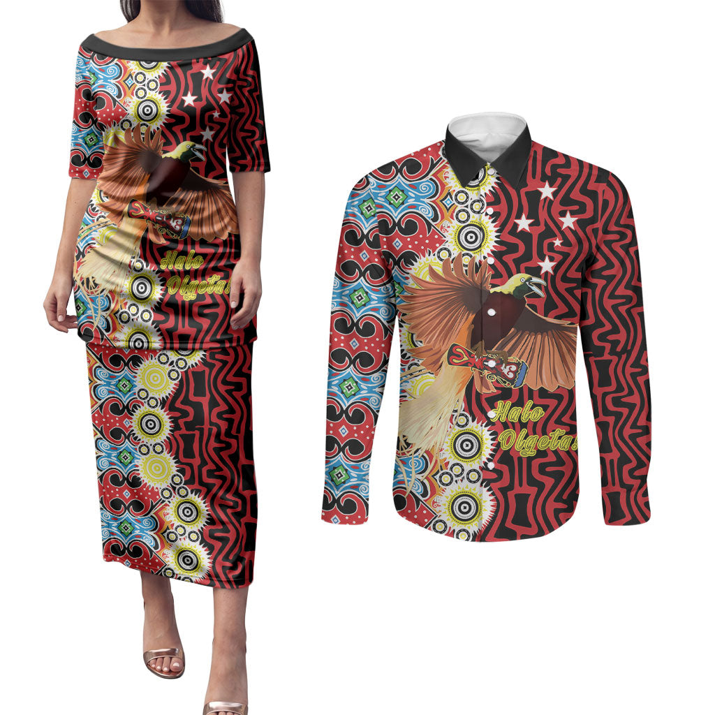 Personalised Papua New Guinea Pidgin Language Week Couples Matching Puletasi and Long Sleeve Button Shirt Halo Olgeta Tok Pisin Wik Bird Of Paradise Oro Batik LT22 Red - Polynesian Pride