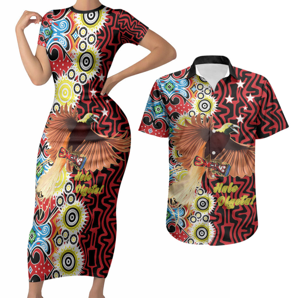 Personalised Papua New Guinea Pidgin Language Week Couples Matching Short Sleeve Bodycon Dress and Hawaiian Shirt Halo Olgeta Tok Pisin Wik Bird Of Paradise Oro Batik LT22 Red - Polynesian Pride