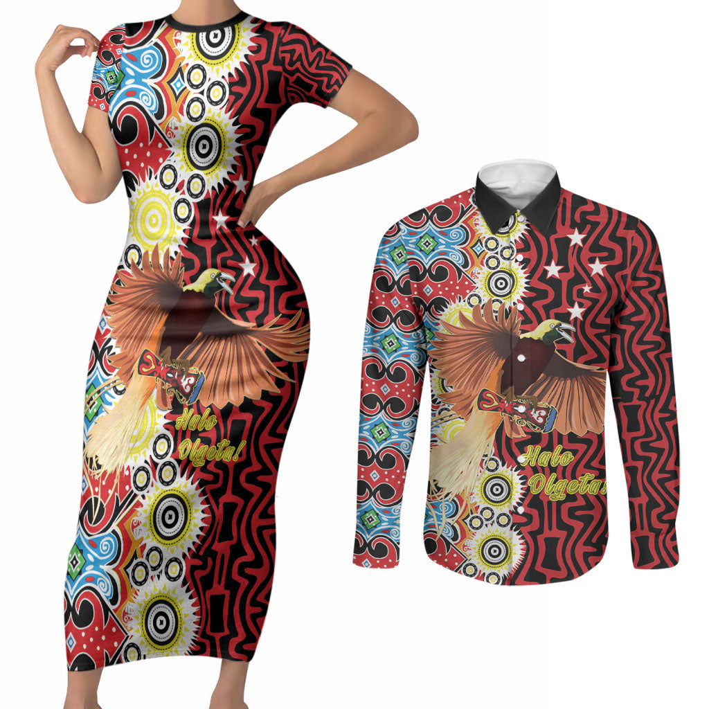 Personalised Papua New Guinea Pidgin Language Week Couples Matching Short Sleeve Bodycon Dress and Long Sleeve Button Shirt Halo Olgeta Tok Pisin Wik Bird Of Paradise Oro Batik LT22 Red - Polynesian Pride