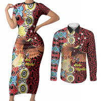 Personalised Papua New Guinea Pidgin Language Week Couples Matching Short Sleeve Bodycon Dress and Long Sleeve Button Shirt Halo Olgeta Tok Pisin Wik Bird Of Paradise Oro Batik LT22 Red - Polynesian Pride